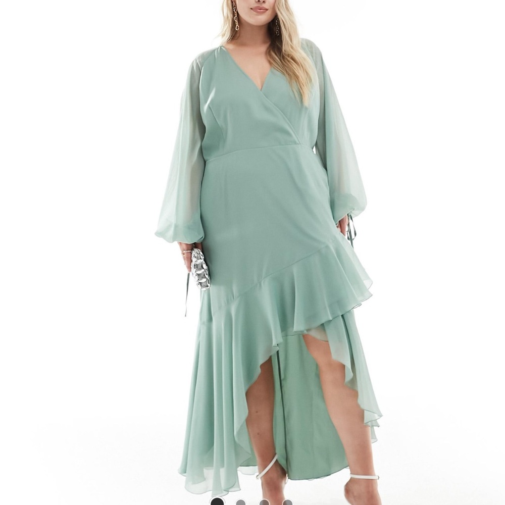 BRAND NEW curve exclusive long sleeve chiffon wrap midi dress in green